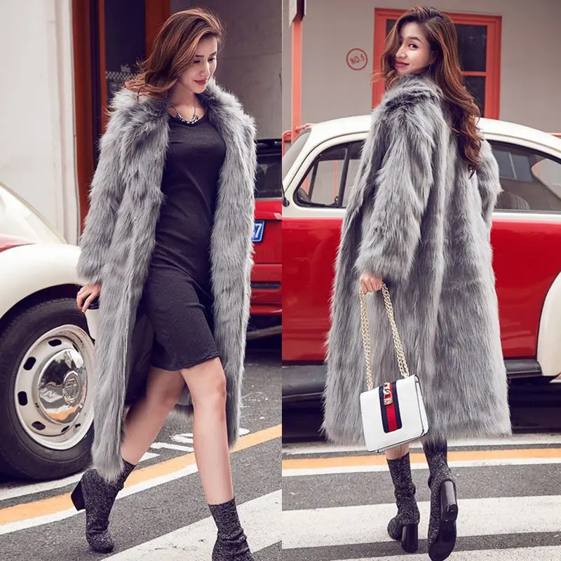 Women's Leather Fur Coat Autumn and Winter Faux Fox Fur Fur Coat Mid-Length Fur Coat Women's Loose Fashion Faux Fur Coat