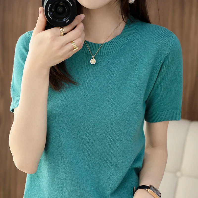 

Women's Short sleeve Cashmere Sweater O-neck Cashmere Solid Pullovers Short sleeve Casual Basic Femme Sweater