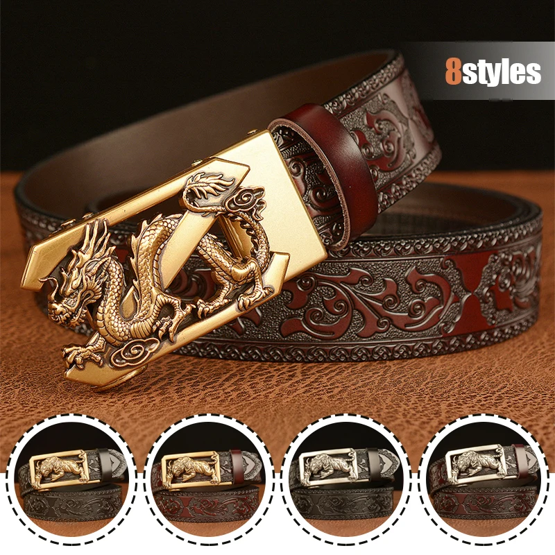 Ethnic Style Embossing Retro Male Belts For Men Business Cowhide Genuine Leather Belt Dragon Pattern Automatic Buckle Strap