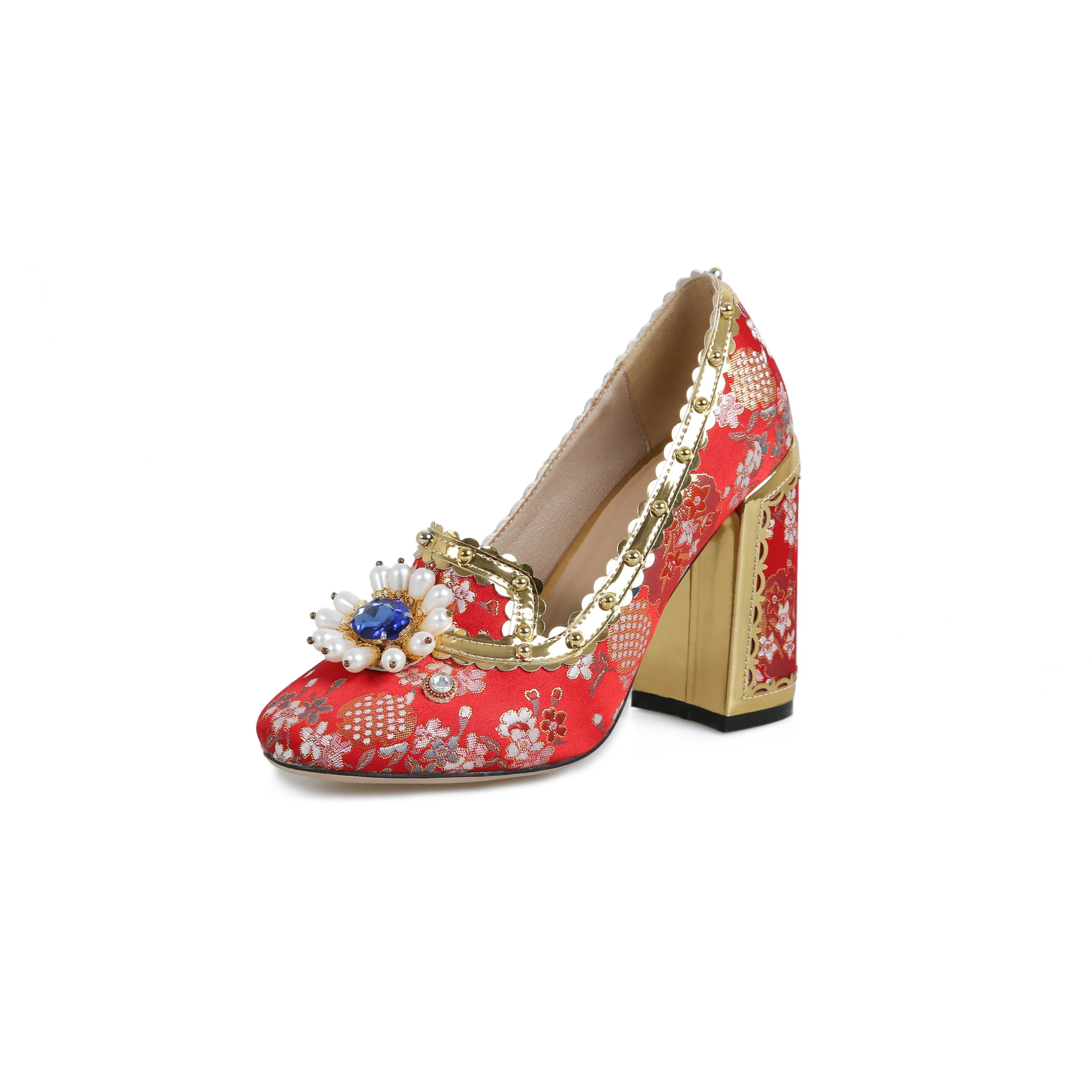 

Роскошные дизайнерские женские туфли, новинка весны 2022, туфли на высоком каблуке с вышивкой и драгоценным камнем, красные, ретро, модные бол...