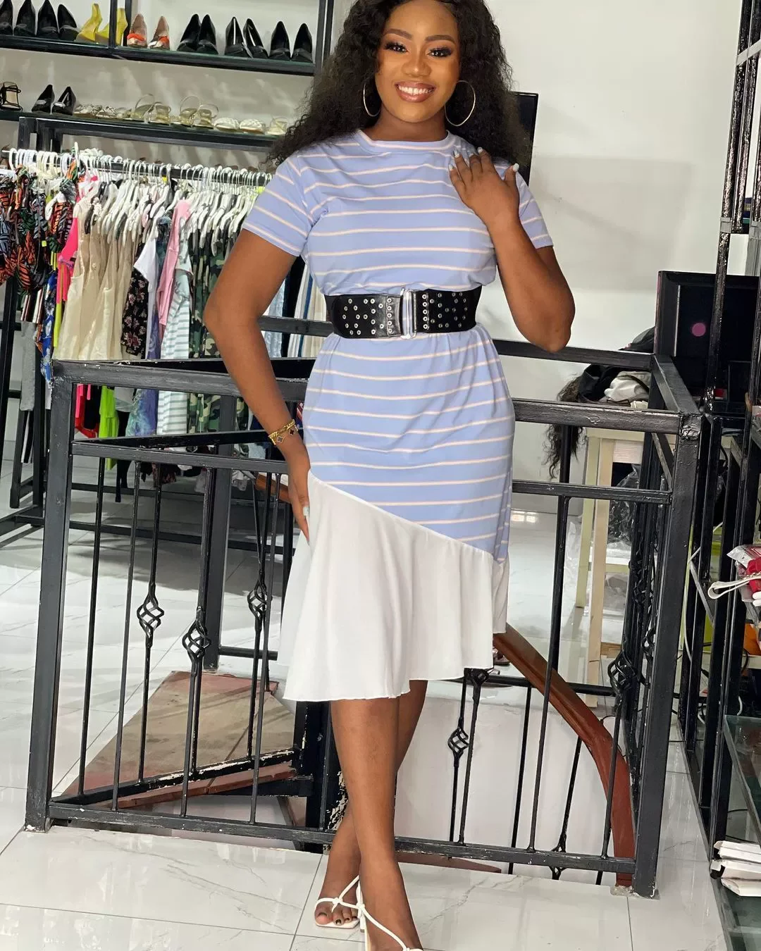 

Spring Summer Women Elegant Dresses Print Striped Short Sleeve Round Neck Slim A-line Commuting Style