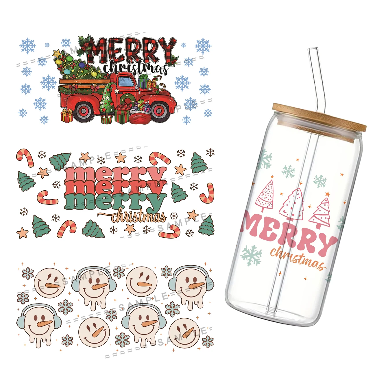 Для Libbey 16oz Can Glass UV DTF Coffee Wrap Christmas