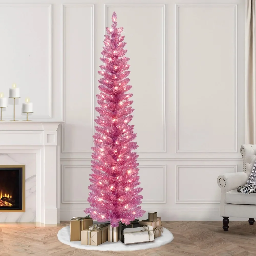 

Christmas Trees 7 ft Pre-Lit Pink Tinsel Artificial Tree
