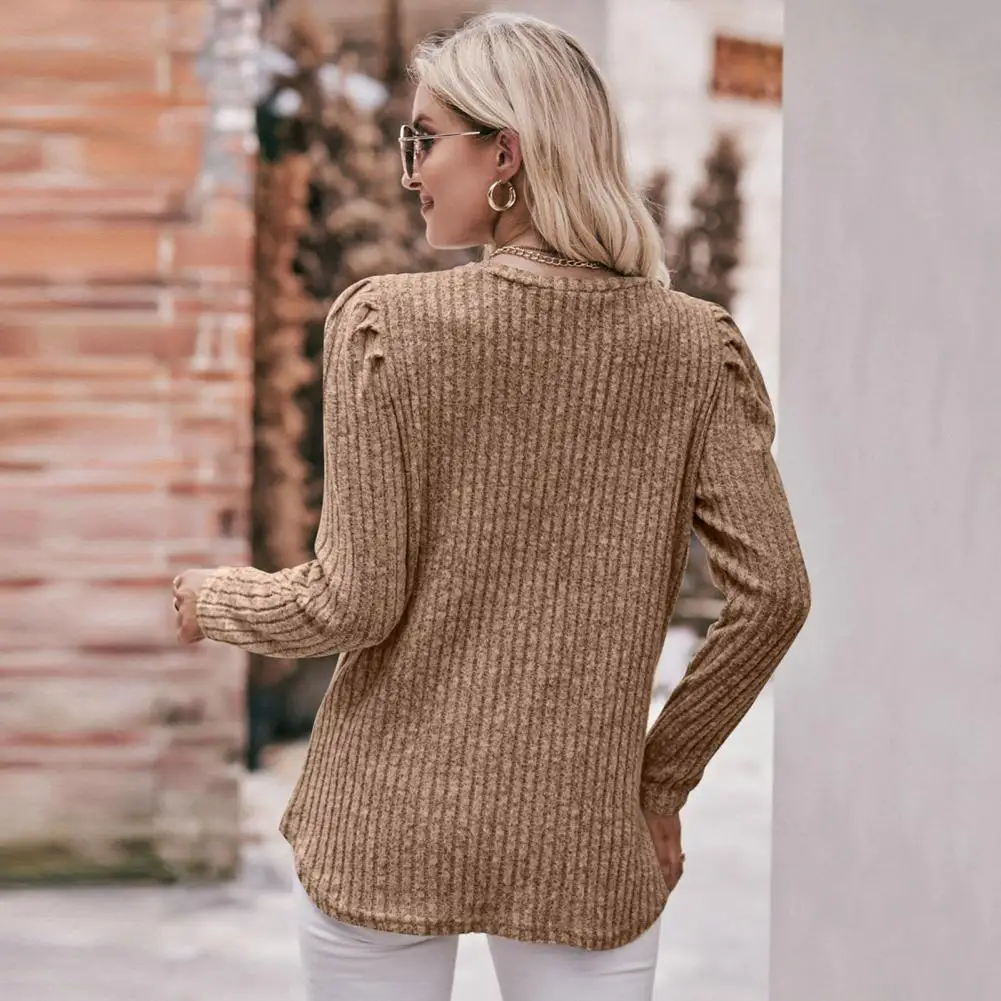 

Lightweight Top Casual Round Neck Women Top Cozy Bubble Sleeve Women's Mid-length T-shirt for Fall Winter Soft Thread Texture