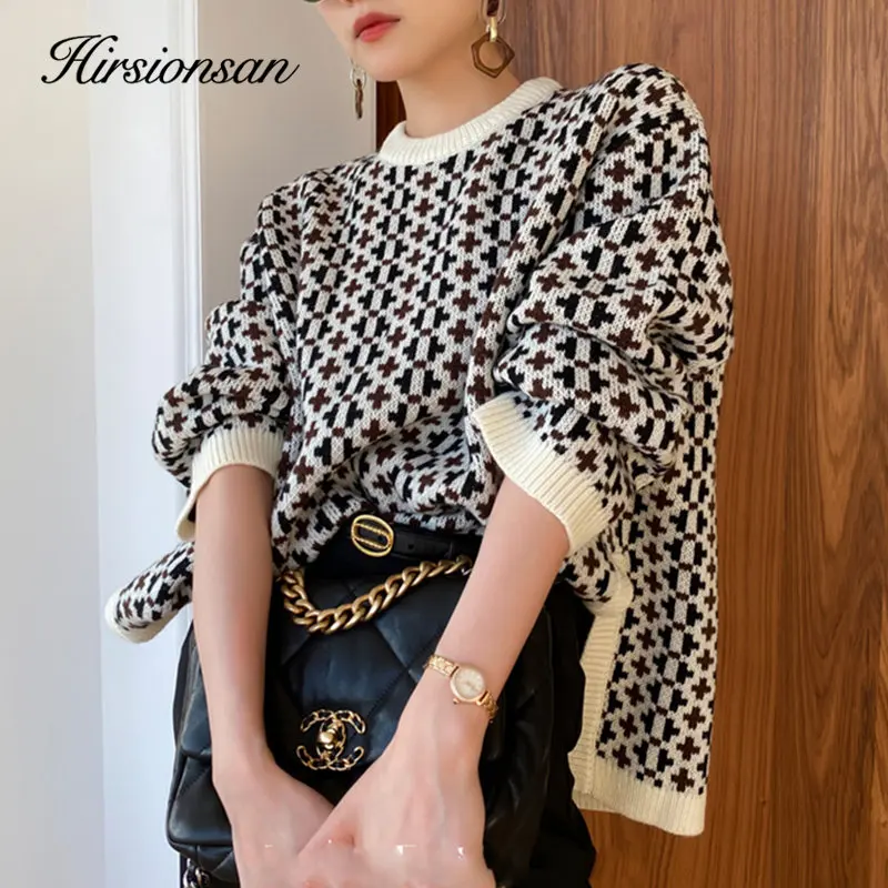 

Hirsionsan Graphic Printed Knitted Sweater Women Casual Patchwork Split Pullover Ladies 2022 Harajuku Loose Female Knitwear Tops