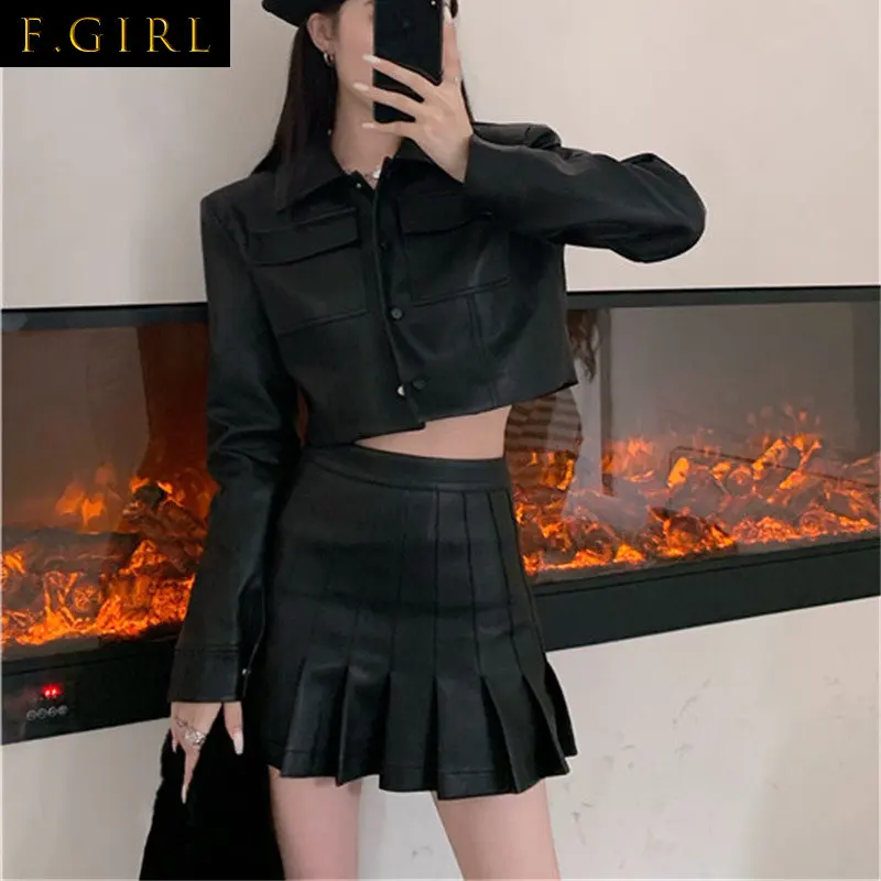 F GIRLS Spring Streetwear PU Two Piece Set Loose Crop Top Short Jacket and Faux Leather Pleated Sexy Mini Skirt 2 Piece Outfits