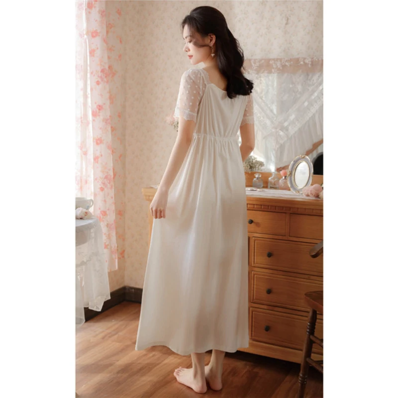 Sexy Lace Short Sleeve Night Dress Women Summer Cotton Long Peignoir Vintage Victorian Nightgown Fairy Nighty Princess Sleepwear