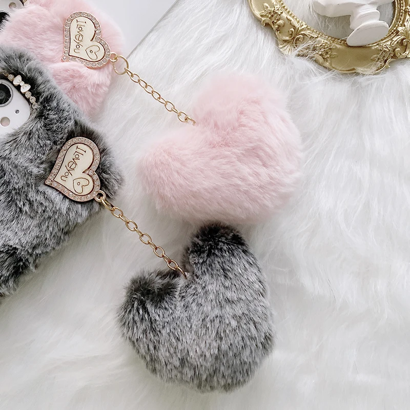 luxury love pendant phone case for iphone 12 pro max 13 11 x xs xr 8 7 6 6s plus se 2022 5s 5c cute warm winter plush fur covers free global shipping