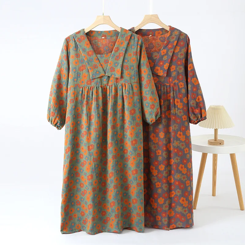 

Новинка 2023, японская Женская весенне-летняя юбка для сна, 100% хлопок, большая Цветочная юбка с 8/4 рукавами, простое большое ретро платье для дома