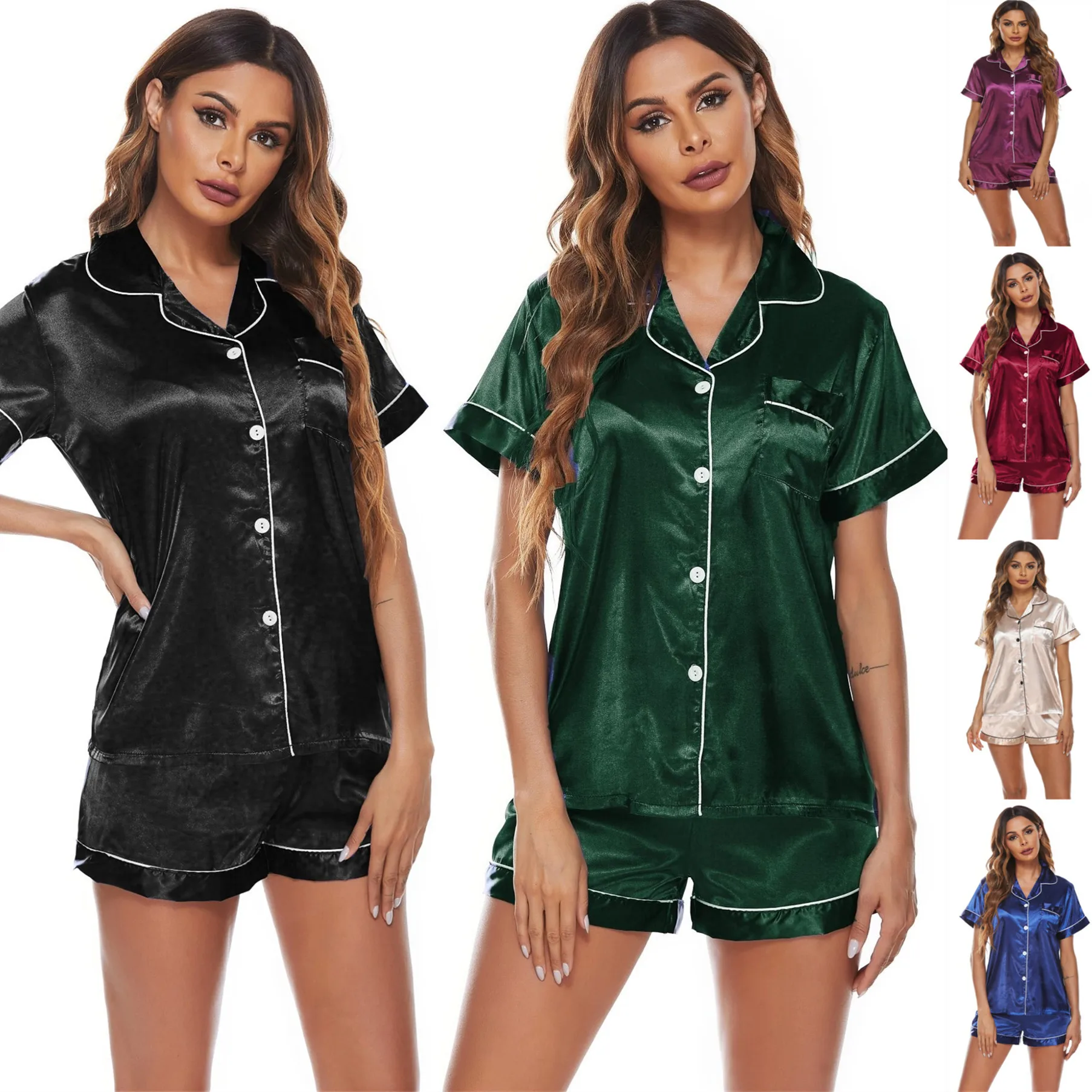 Satin Pajamas for Women Shorts Sets Ladies 2022 Lace Patchwork Sleepwear Two Piece Sexy Short Summer Loungewear Home Clothes