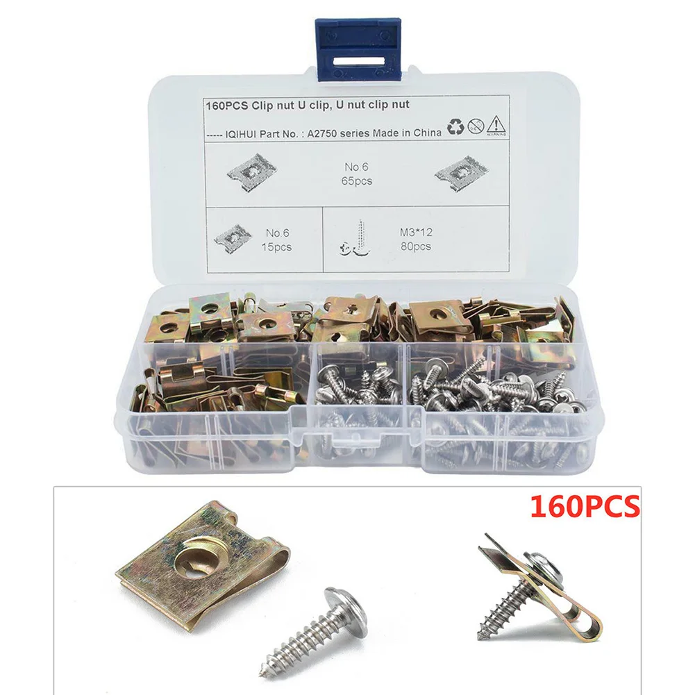 

160Pcs U-Nuts Self Tapping Screw Spire U Clips Fit For Car Body Interior Panels Nut 65 Manganese Steel Screw Stainless Steel 304