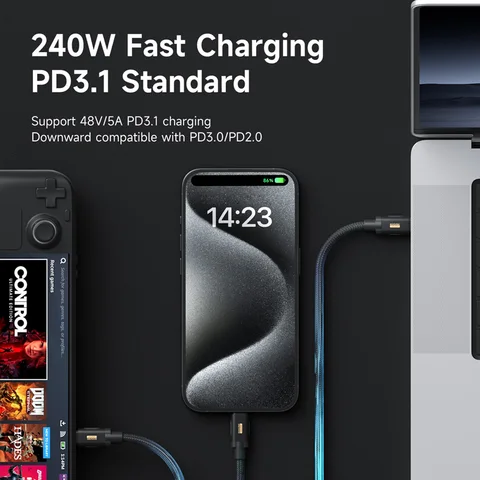 Кабель Hagibis USB C — USB C 240 Вт PD3.1 USB4 80 Гбит/с 8K при 60 Гц Мягкий кабель для быстрой зарядки для Macbook Pro iPad iPhone Ноутбук Dell XPS