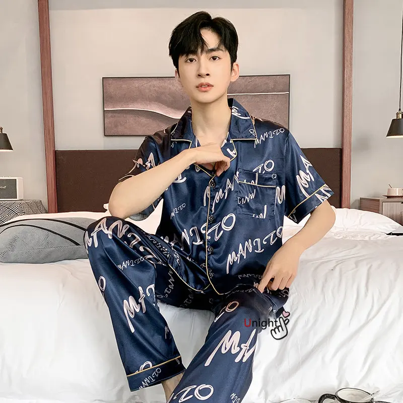 Spring Summer Man Pajama Sets Silk Sleepwear Pajamas for Men Plus Size Home Clothing Pyjamas Suit Home Wear Loungewear Homesuits
