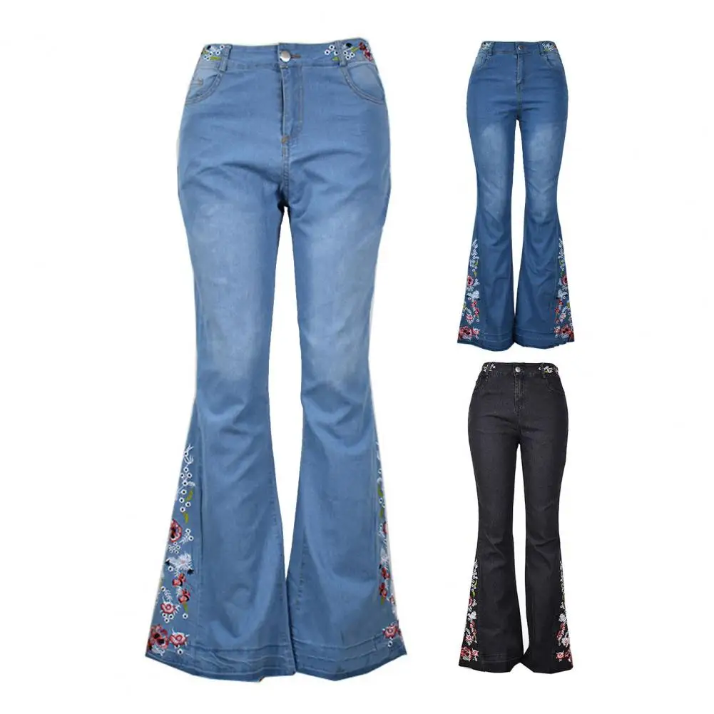 

Fashion Women Vintage Aesthetic Denim Pant Trouser Elastic Waist Trendy Leisure Slim Embroidered Lady Flare Jeans Female Clothes