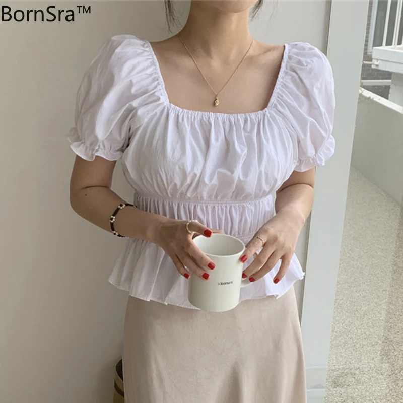 

Bornsra 2020 Female Square Collar Brief High Waist Vintage Short Shirts OL Summer Short Sleeves Sexy All Match Slim Woman Blouse