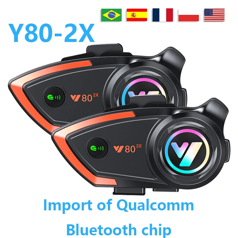 Фото Мотогарнитура Y80-2X Bluetooth для шлема, беспроводная мотогарнитура для 2 райдеров, Bluetooth 5.0, водонепроницаемая, дальность связи 1000 м №1