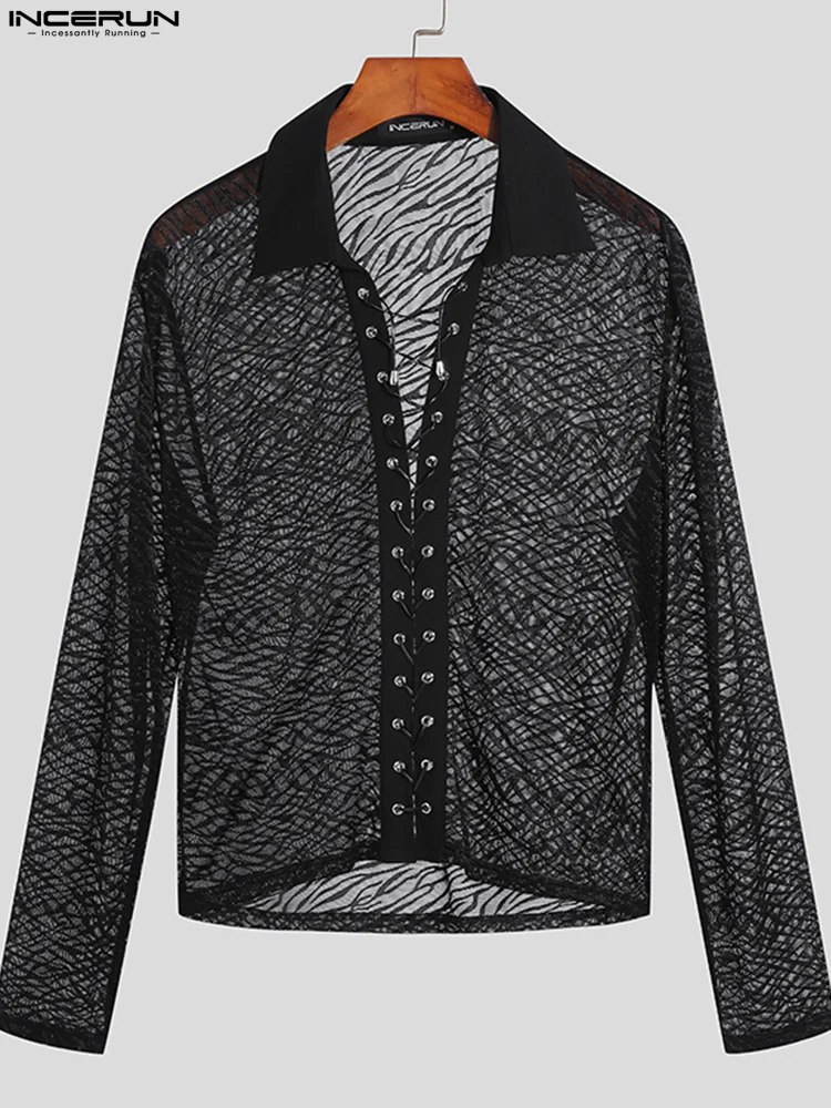 INCERUN Tops 2022 American Style Men's Zebra Pattern Blouse See-through Mesh Fashion Hollow Out Long-sleeved Buttons Shirt S-5XL