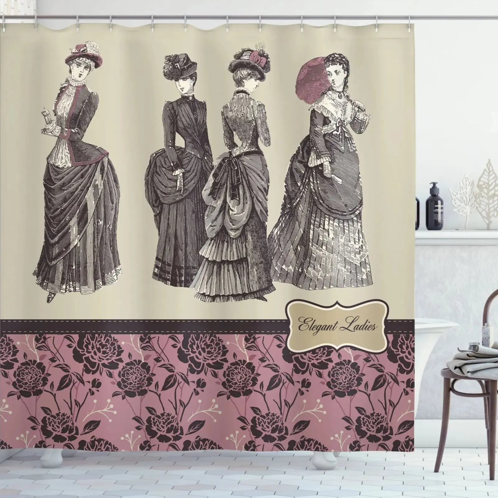 

Victorian Shower Curtain Fashion History Dress Handbag Feather Gloves Floral Design Baroque Bathroom Curtains Set