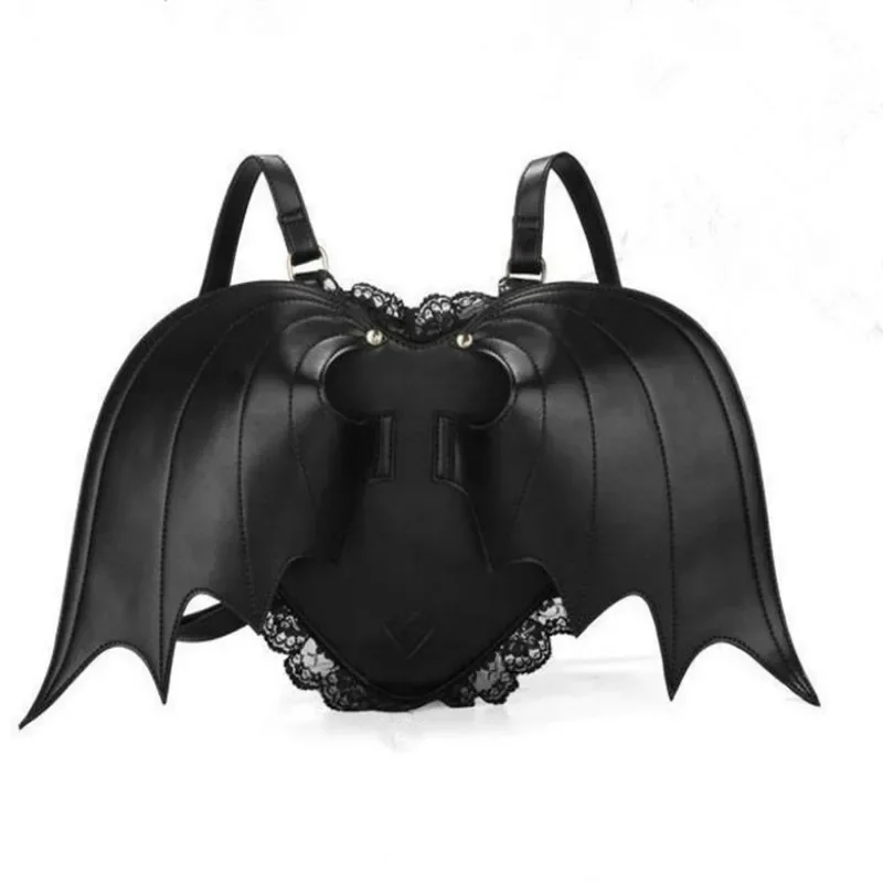 

Girls Bat Bag Angel Wings Backpack Cute Little Devil Package Harajuku Punk Black Newest School Bag Ladies Lace Halloween Pu Bag