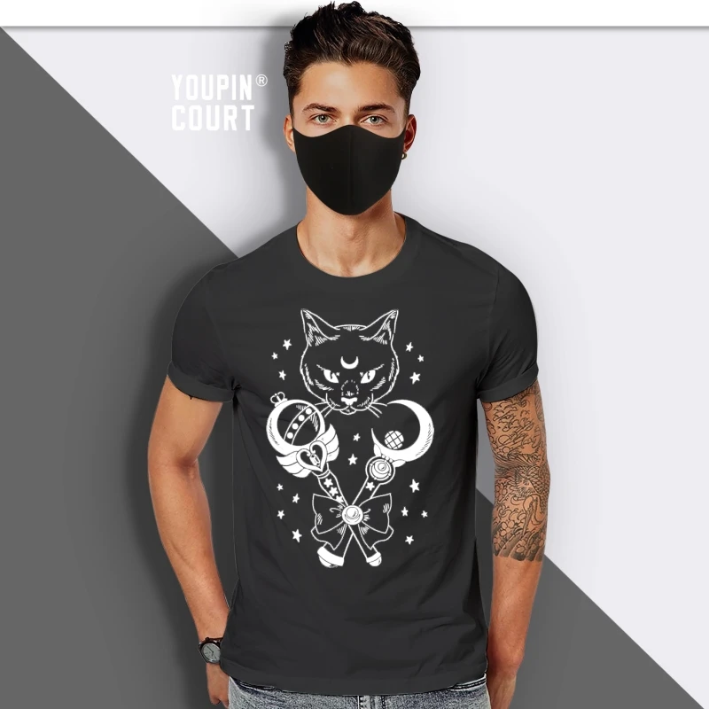

Anime T-shirt For Men In the Name of the Moon Tops Tees Mens Cotton T Shirt Sailor Moon Cat Print Tshirt Oversize Black Clothes
