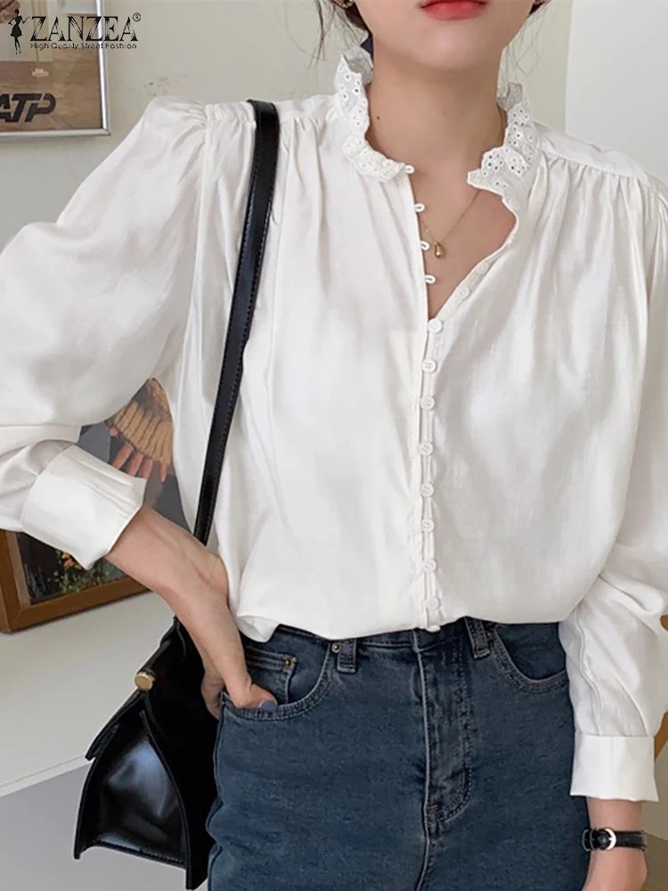 

Oversized ZANZEA Ruffle Stand-up Neck Tops Puff Sleeve Shirt Blusas Femininas for Women Casual Retro Lace Spliced Solid Blouse