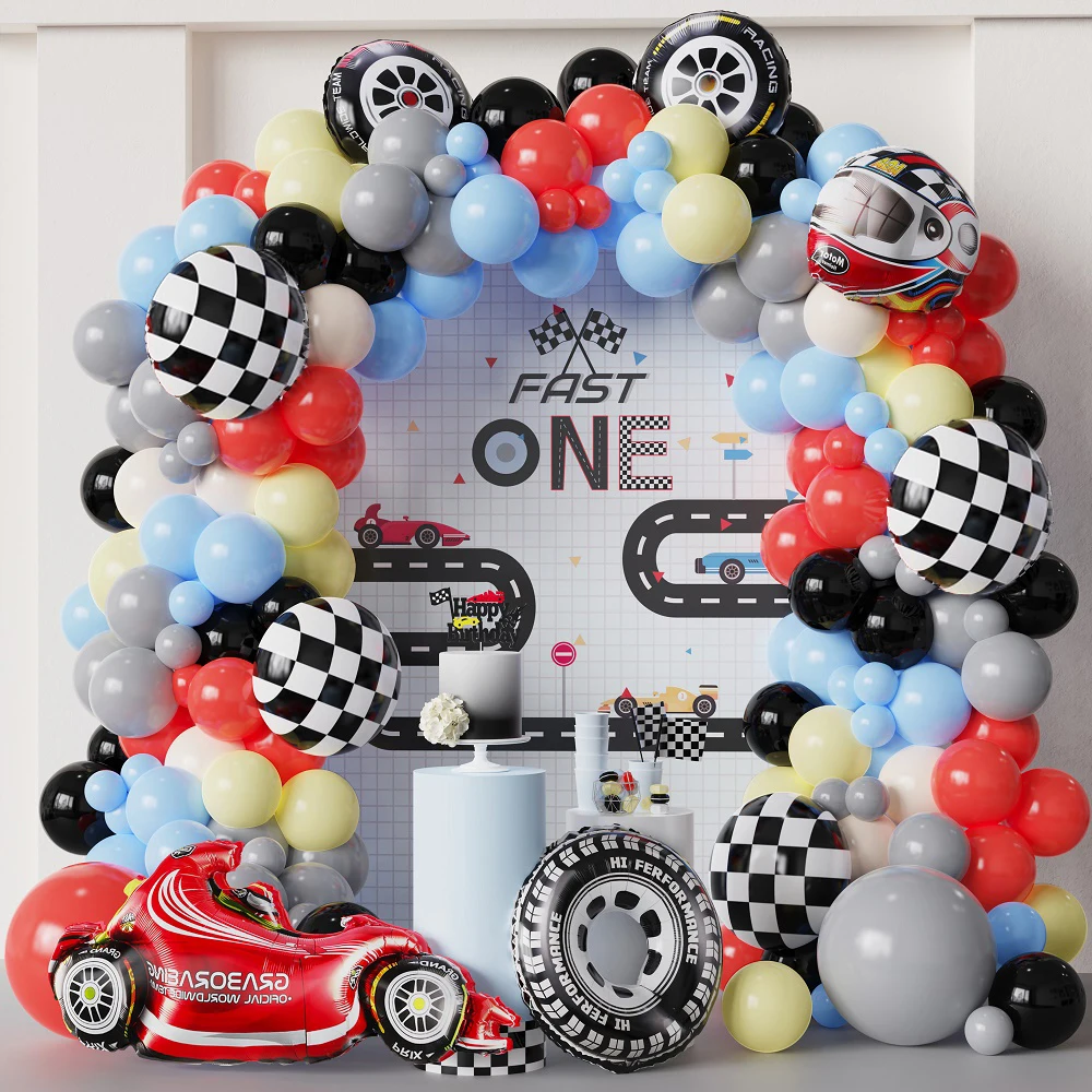 

137/118pcs Racing Car Red Black Balloon Garland Boys Birthday Helmet Tire Checkered Balloons Baby Shower Children's Day Party