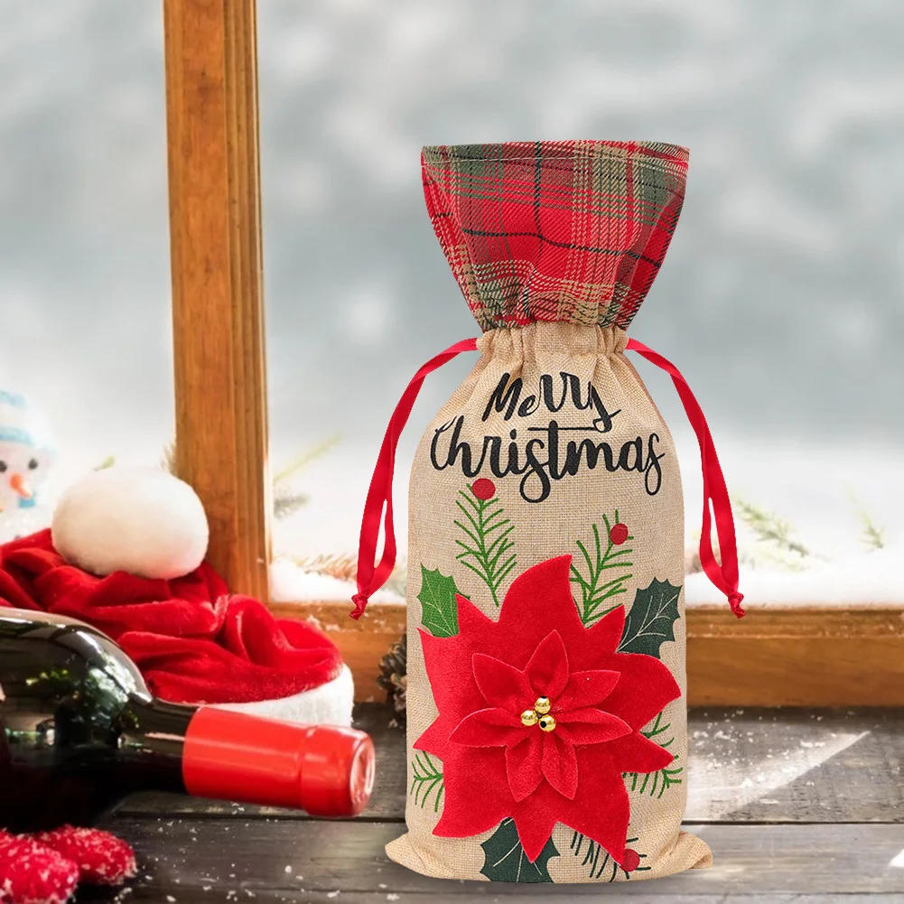 

Christmas Champagne Bottle Bag Party Creative Flower Car Printed Red Wine Bottle Cover Bag Christmas Decorations for Home