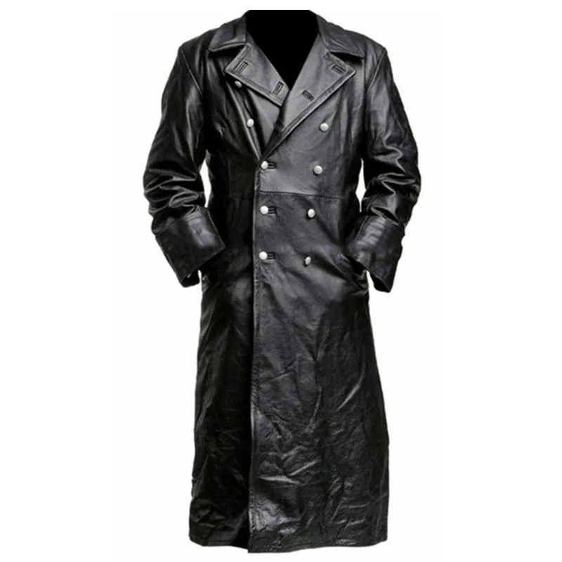 Men's German CLassics WW2 Military Uniform Officer Black Real Leather Trench Coat Medieval Cosplay Costumes Jacket