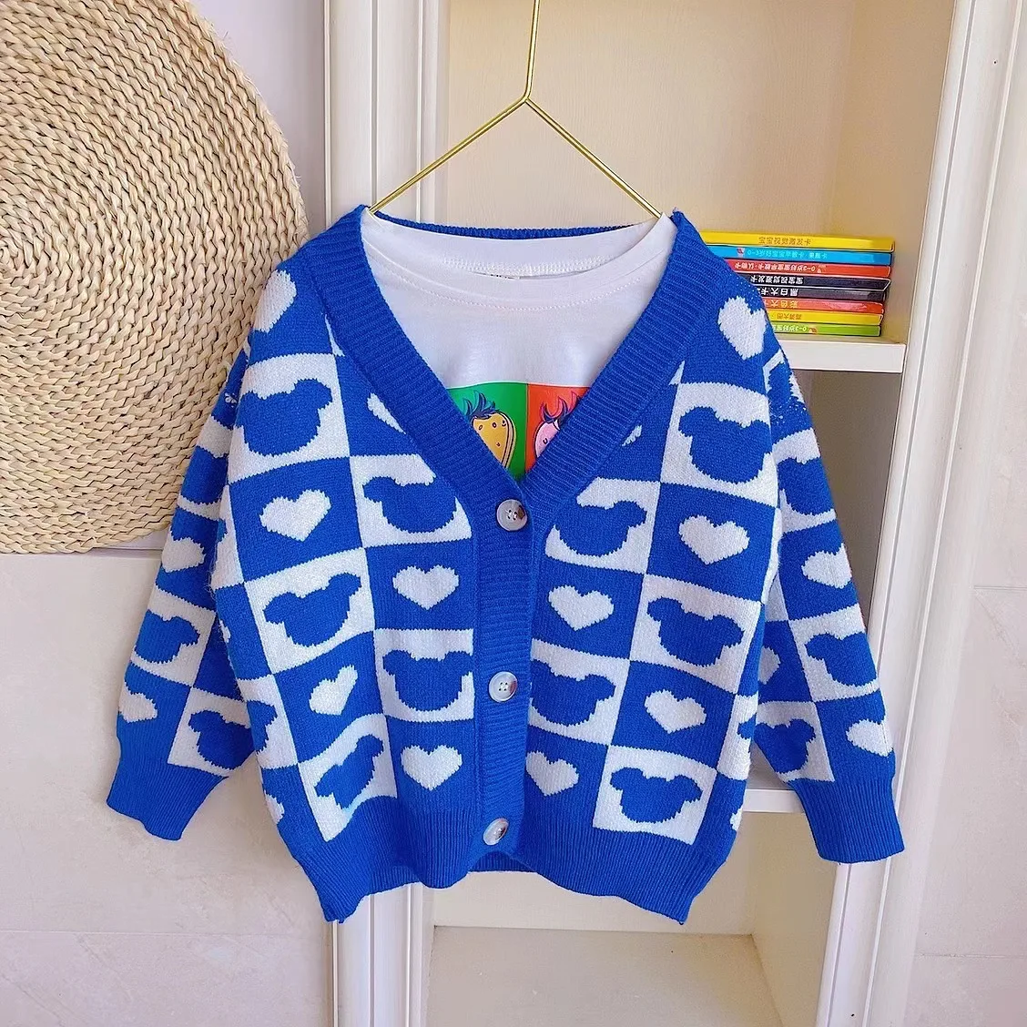 

2022 New Arrivals Spring Autumn Children Cotton Long Sleeve Single Breasted Plaid Black Blue Sweater Child Clothes 18M-6T