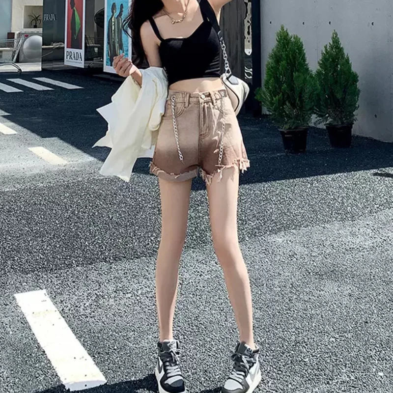 Шорты градиентного цвета женские джинсовые манжеты элегантные с высокой талией