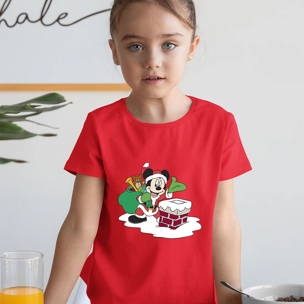

Disney Mickey Print Christmas Girl Clothes Red 3-12 Years Kid T-Shirts Comfy Casual Style Dropship Funny Trend Graphic Tee Shirt