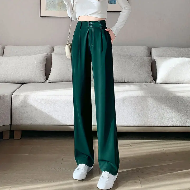 

Women 2022 Spring Summer OL Wide Leg Pants Female High Waist Pocket Solid Color Suit Trousers Office Lady Elegant Long Pants T35