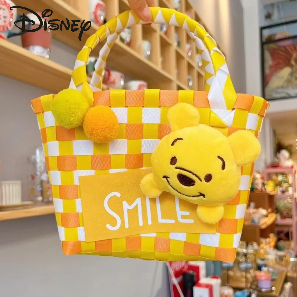 Disney New Women's Handbag Fashionable High Quality Handwoven Vegetable Basket Bag Popular Cute Cartoon Leisure Beach Bag