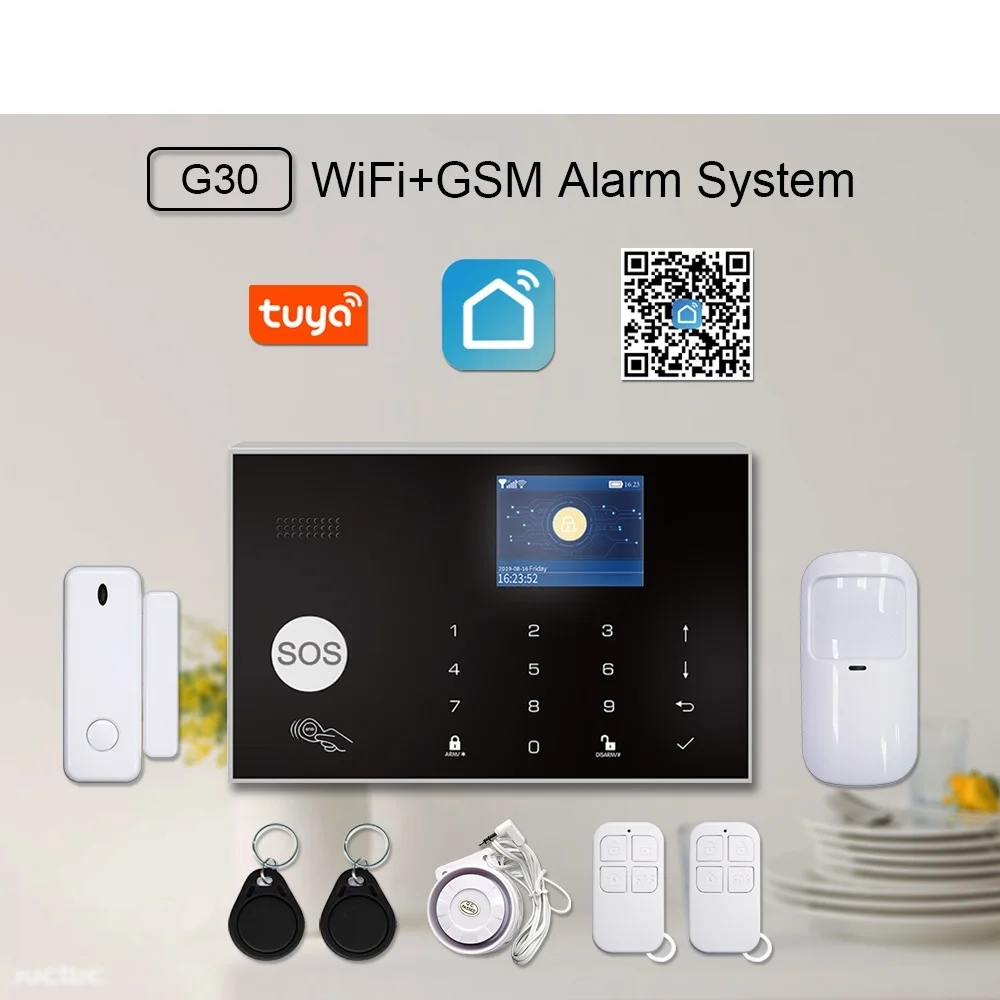 

Top G30 Tuya WiFi GSM Home Security Alarm System 433MHz Wireless Burglar Alarm Kit Works With Alexa Google APP Remote Control