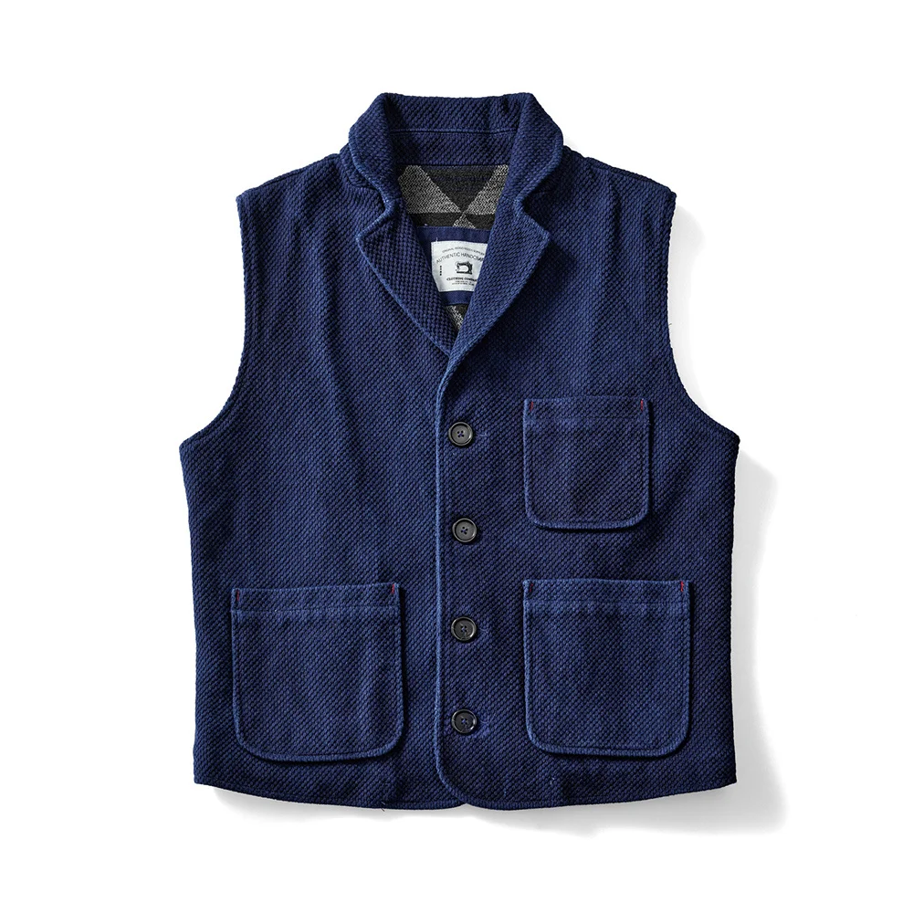 Retro Indigo Jacket Men England Heavy Cotton Thick Lapel Multi-Pockets Blue Dyed Vest Autumn Fashion Casual Cardigan Coat