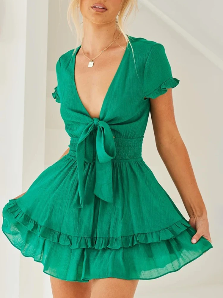 

New Boho Dress For Women Summer Holiday Beach Party Sexy Dresses 2022 Ladies Fashion V-neck Bow Slim Lace Up Ruffle Mini Dress