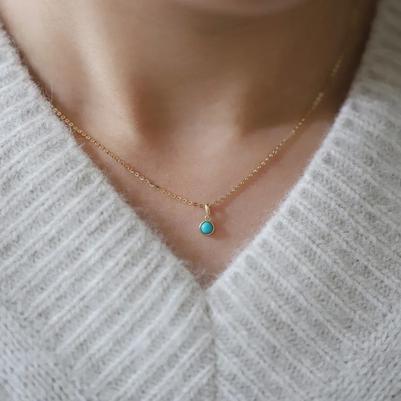 Silvology Real 925 Sterling Silver Natural Blue Turquoise Round Pendant Necklace for Women 14K Gold Minimalist Stylish Jewelry