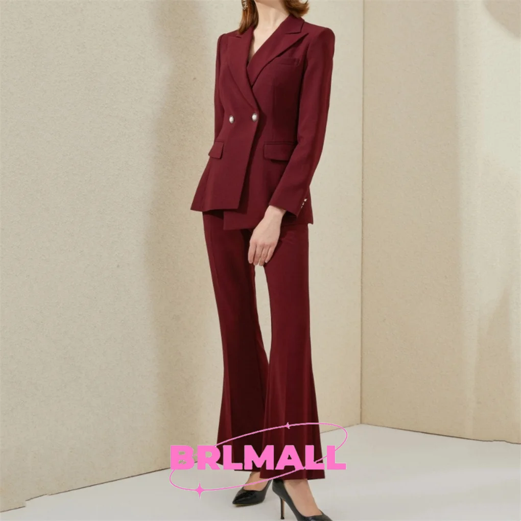 Women Maroon Suit Two Piece Custom Made Double Breasted Premium Cotton Peak Lapel Formal Wedding Bridesmaid Cocktail Bride Wear