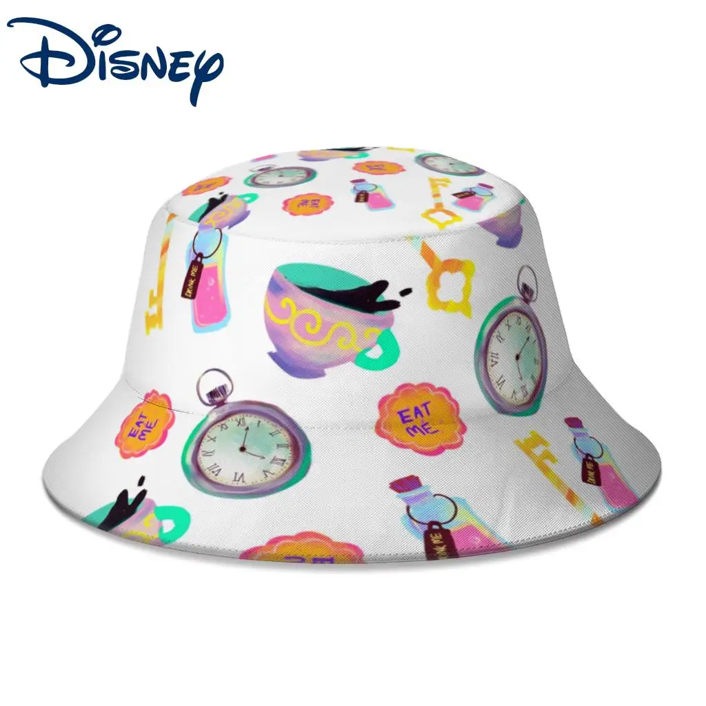 

2022 New Summer Alice In Wonderland Elements Bucket Hat for Unisex Disney Outdoor Foldable Bob Fishing Fisherman Hats Sun Hat