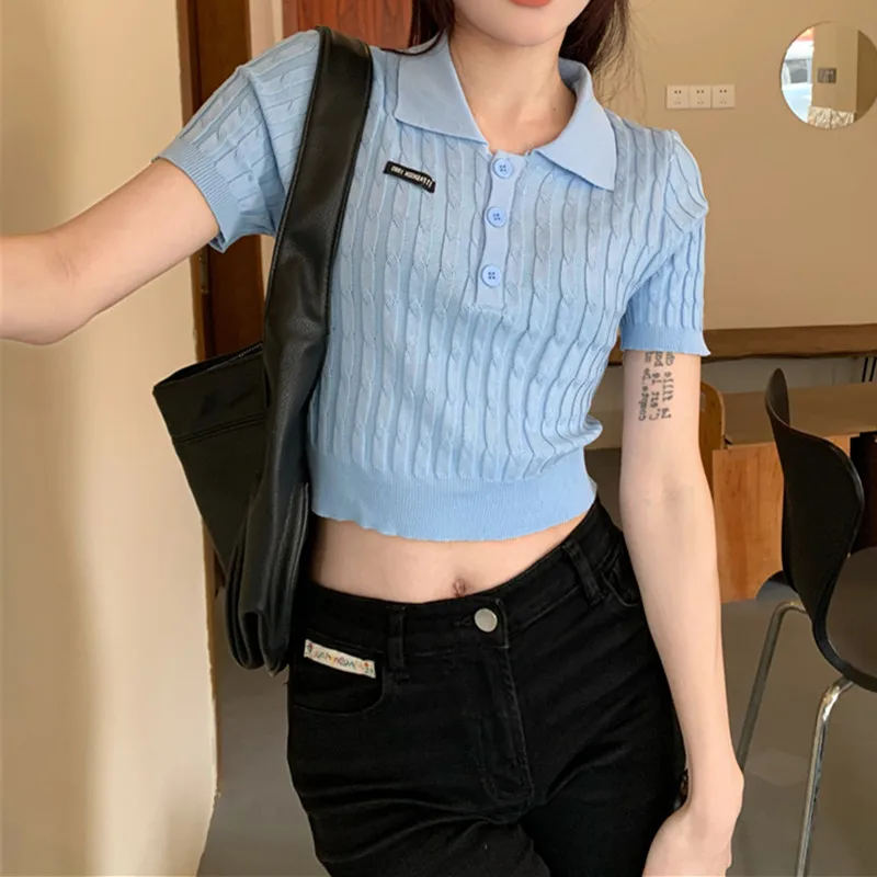 

T-shirts Women Retro Style Cropped Tops Slim Turn-down Collar Elasticity Sexy Club Streetwear Chic Fashion Knitted Cool Female