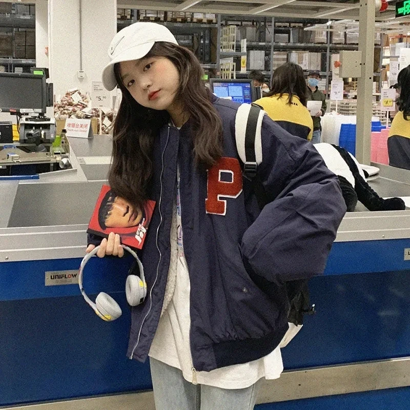 

Lamb Wool Coat Women Baseball Zipper Cotton Jacket Winter 2022 Preppy Casual Long Sleeve Outerwear Fashion Navy Blue Parka