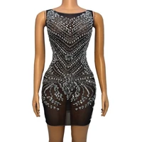 silver rhinestones evening celebrate transparent black dress birthday sexy stage wear see through performance sleeveless outfit