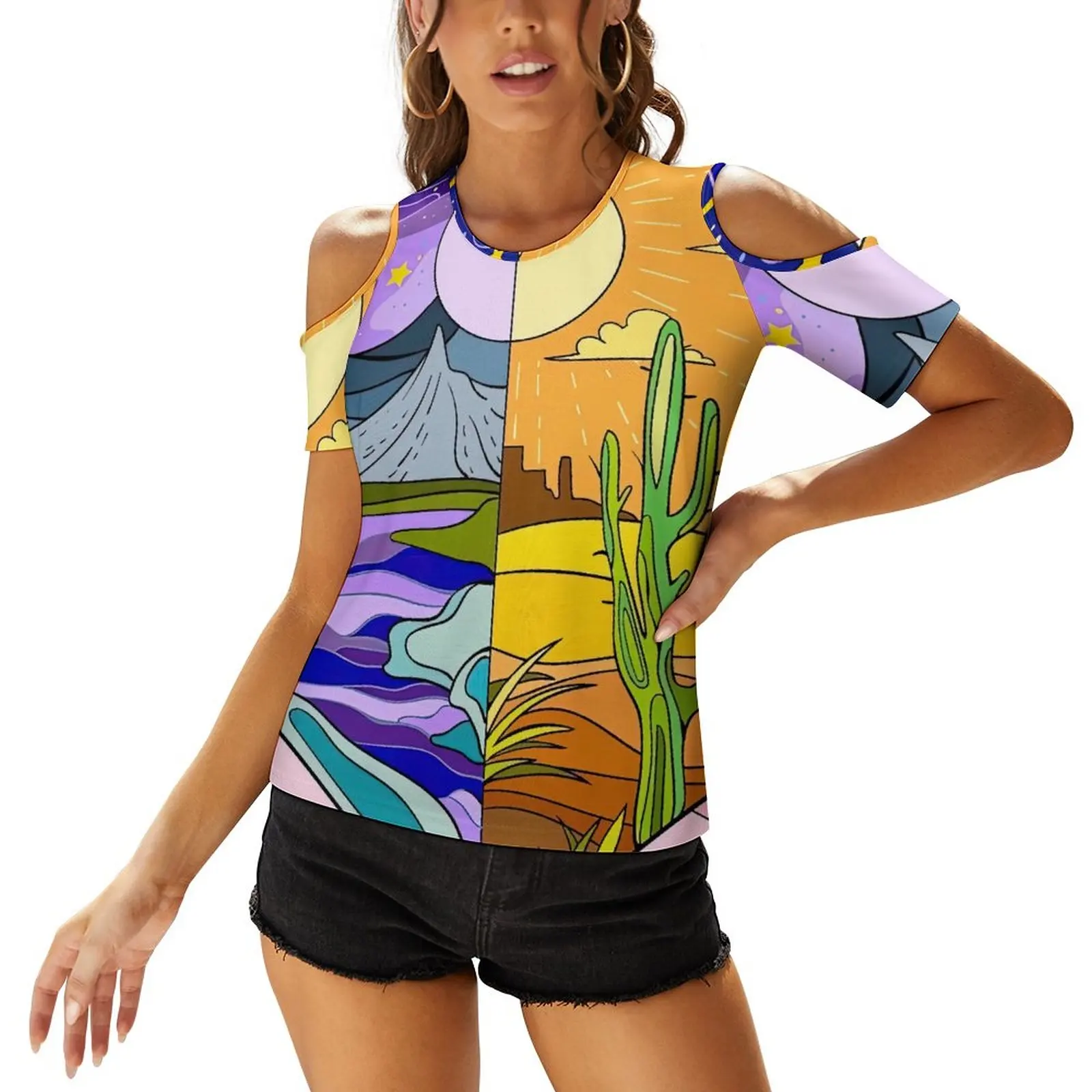 

Women's summer new off-shoulder short-sleeved top 3D natural scenery printed pullover daily casual street dress top