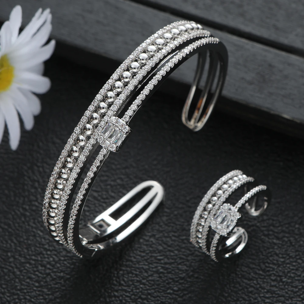 

Luxury 2PCS Small Ball Square Opening Round Bracelet With Multiple Rings Set Fashion Jewelry For Women Wedding S453