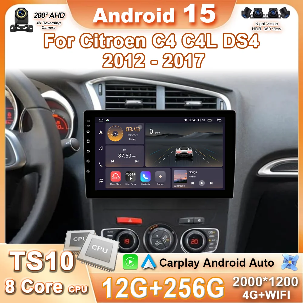 Фото Автомобильный радиоприемник Android 15 для Citroen C4 C4L DS4 2012-2017 Автоматический мультимедийный видеоплеер Беспроводной Carplay 4G + Wi-Fi GPS Головное устройство BT №1