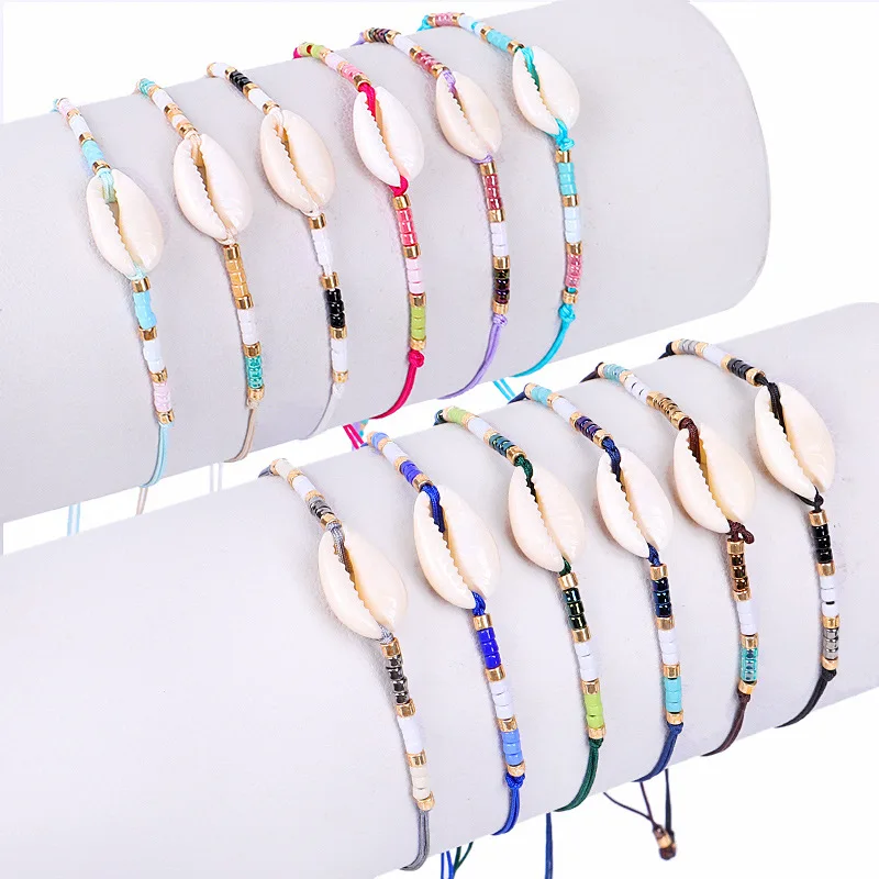 

10pc Bohemian Shell Charms Bracelet Seed Bead String Bracelet Multicolor Thread Braided Stretchable Bangles Wristband for Women