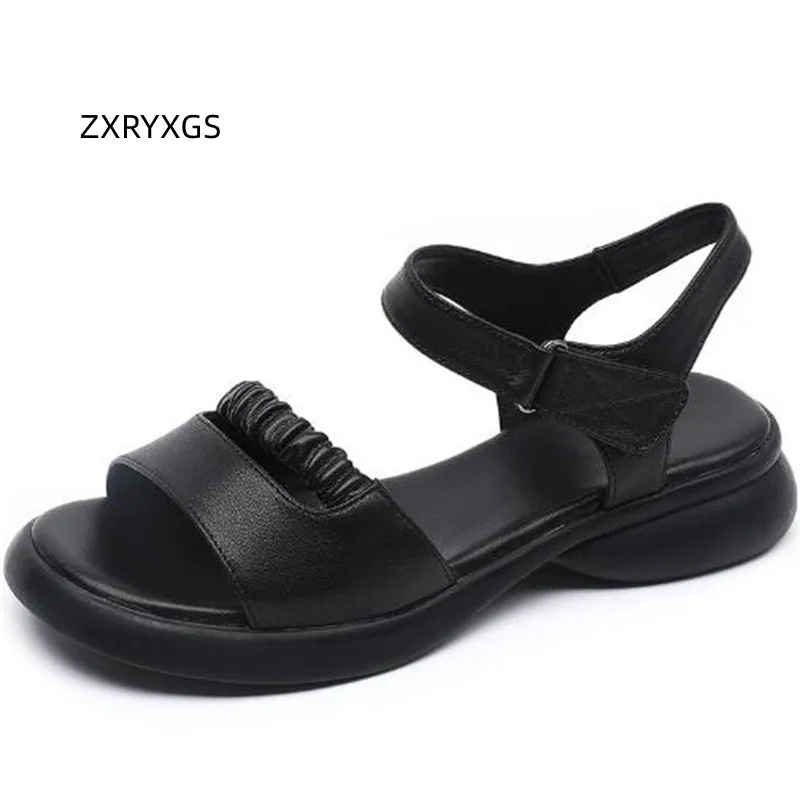 

ZXRYXGS 2023 Summer Superior Cowhide Women Leather Sandals Flat Soft Sole Comfort Anti Slip Large Size Sandals Casual Shoes