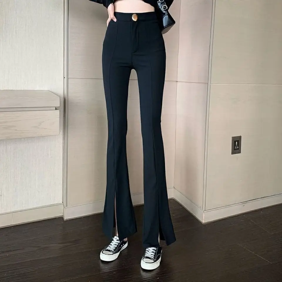

Flared Trousers for Women Casual Wide Leg Elasticity Black Bell Pants Woman Sexy High Waist Leg Slit Ripped Flare Leggings Trend
