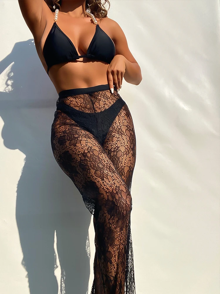 

Womens Sexy Triangle Bathing Three Pieces Swimsuit Bikini Set with Halter Pearl Crochet Net Hollow Out Beach Cover Up Pants