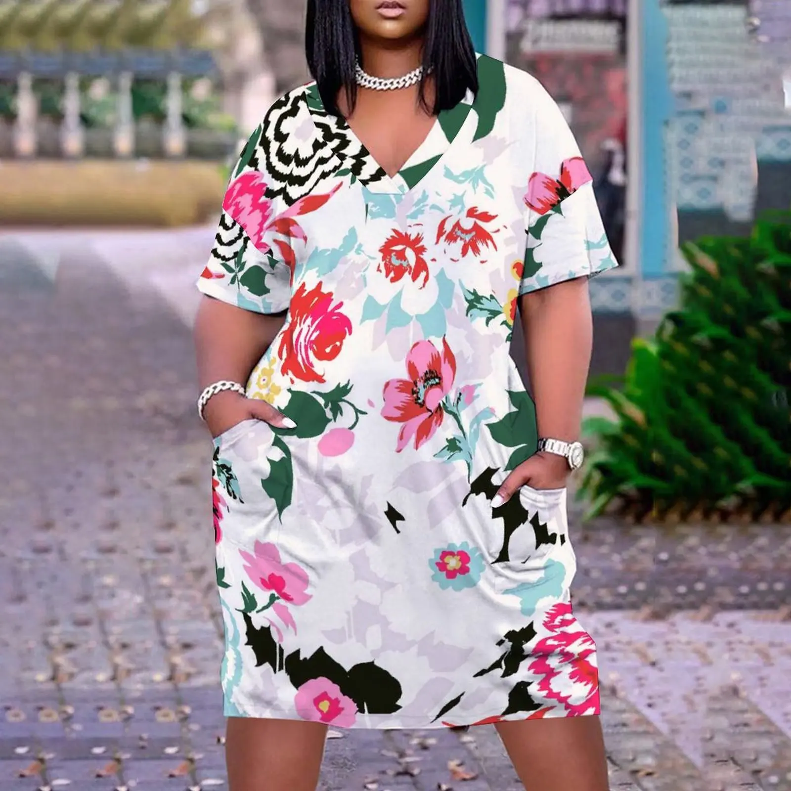 

New Watercolor Ladies Spring Summer Sexy Broken Flowers 3D Print Women's Clothing V-Neck Dresses Loose Dresses Female Clothing